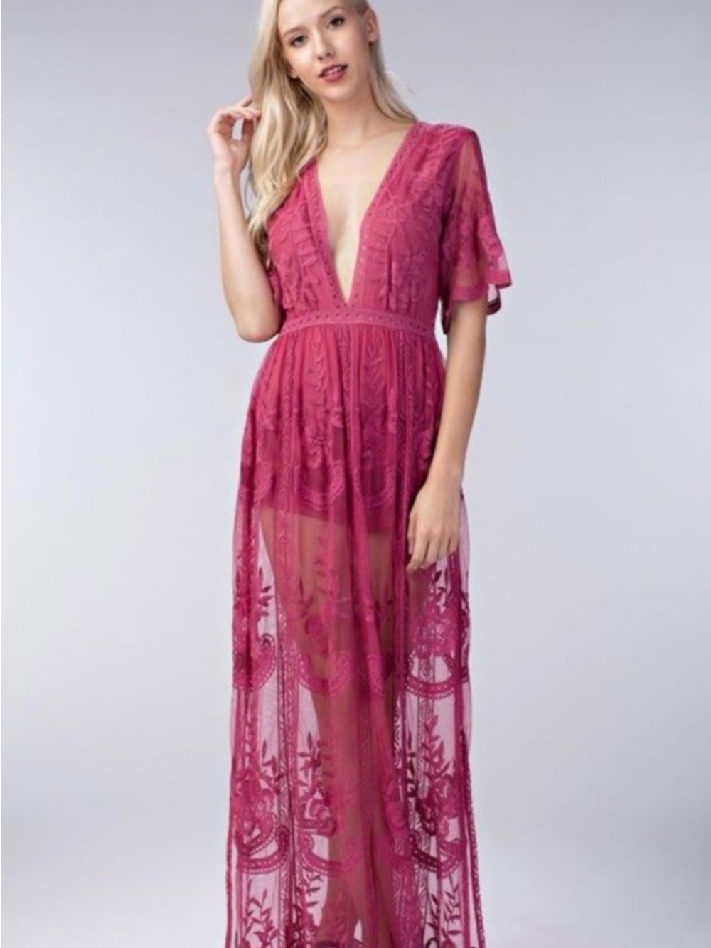 Honey Punch Lace Maxi Dress in Raspberry Pink
